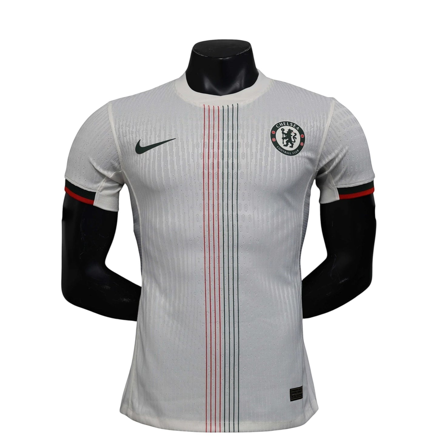 GOATkitz Chelsea 2025-26 white player version away jersey with red and green vertical stripes and black & red sleeve cuffs.