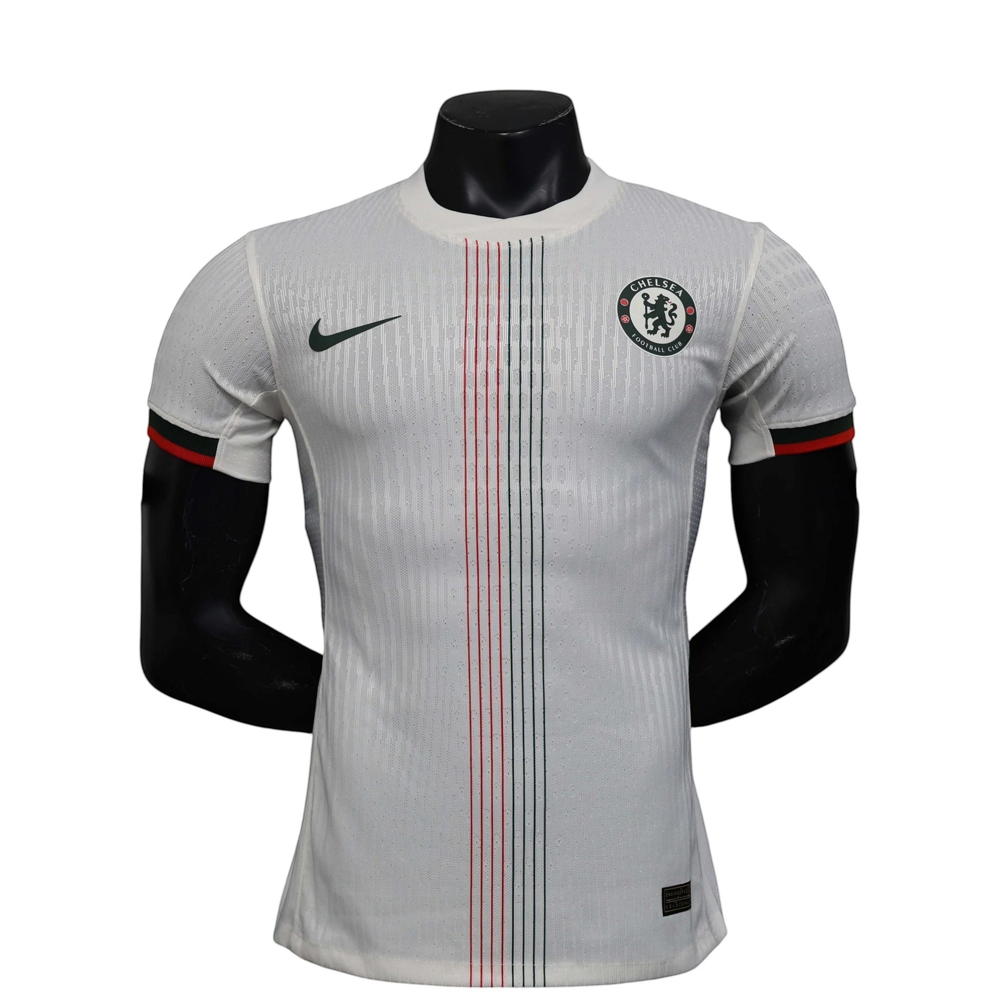 GOATkitz Chelsea 2025-26 white player version away jersey with red and green vertical stripes and black & red sleeve cuffs.