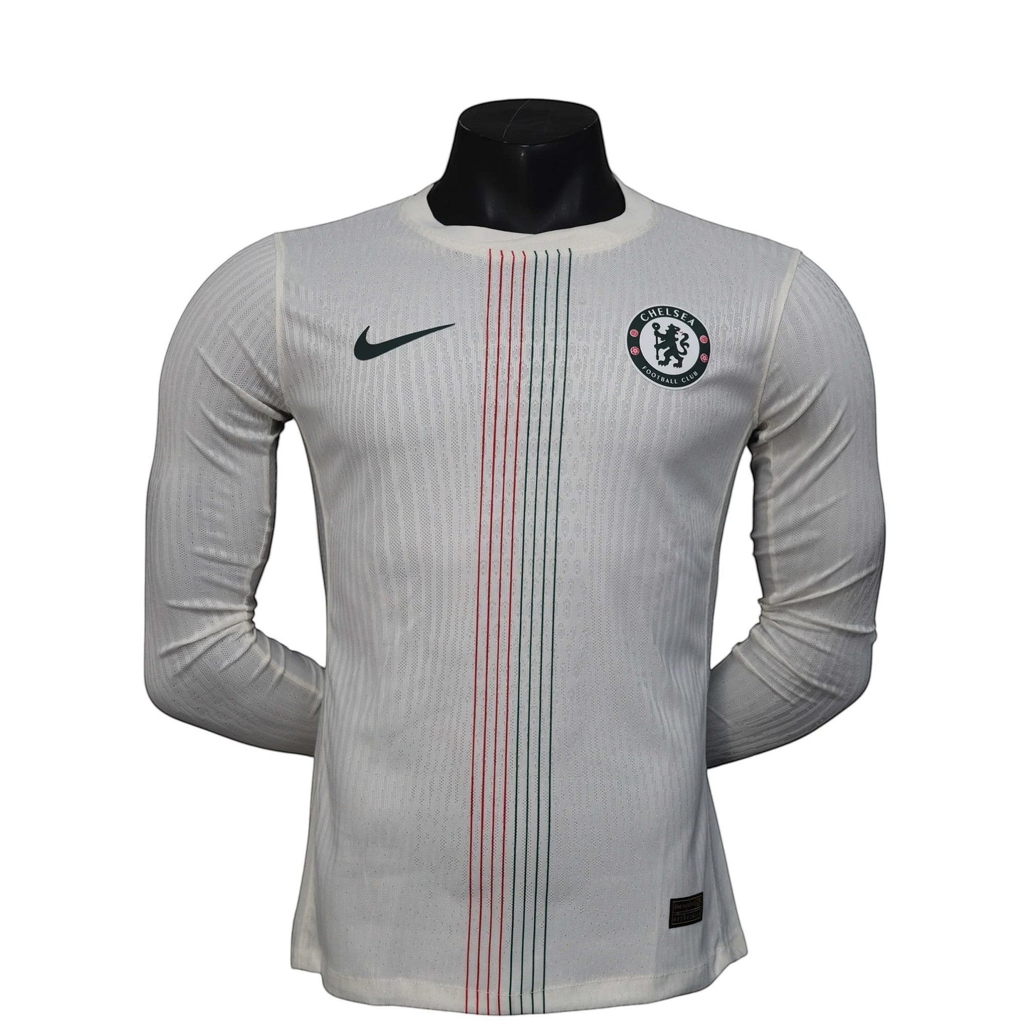 GOATkitz Chelsea 2025-26 white long sleeve player version jersey with red and green vertical stripes and customizable options.
