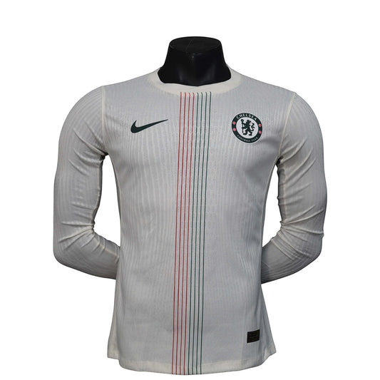 GOATkitz Chelsea 2025-26 white long sleeve player version jersey with red and green vertical stripes and customizable options.