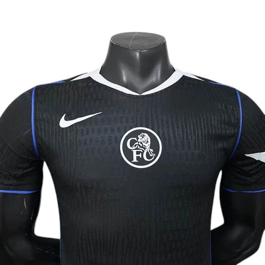 GOATkitz Chelsea 2025-26 black player version football jersey with white trim and blue accents. Customizable.