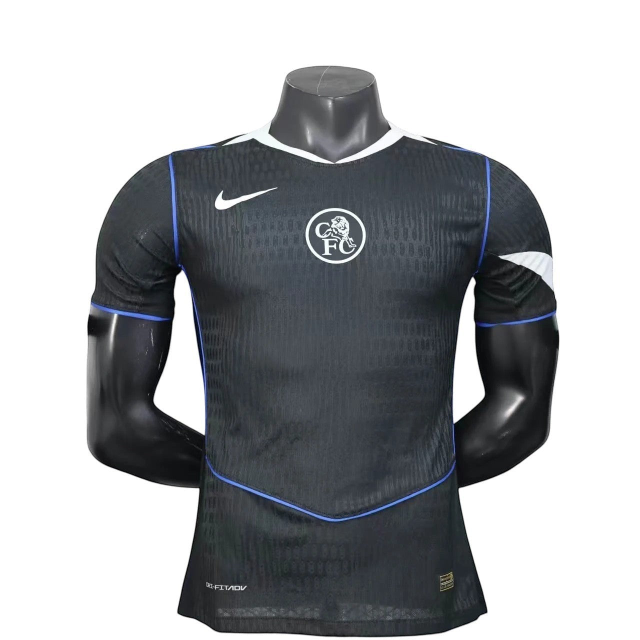 GOATkitz Chelsea 2025-26 black player version third jersey with white trim and blue accents. Customizable.