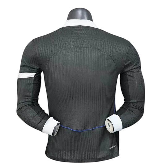 GOATkitz Chelsea 2025-26 adult player version third long sleeve jersey, black with white cuffs and collar, customizable.