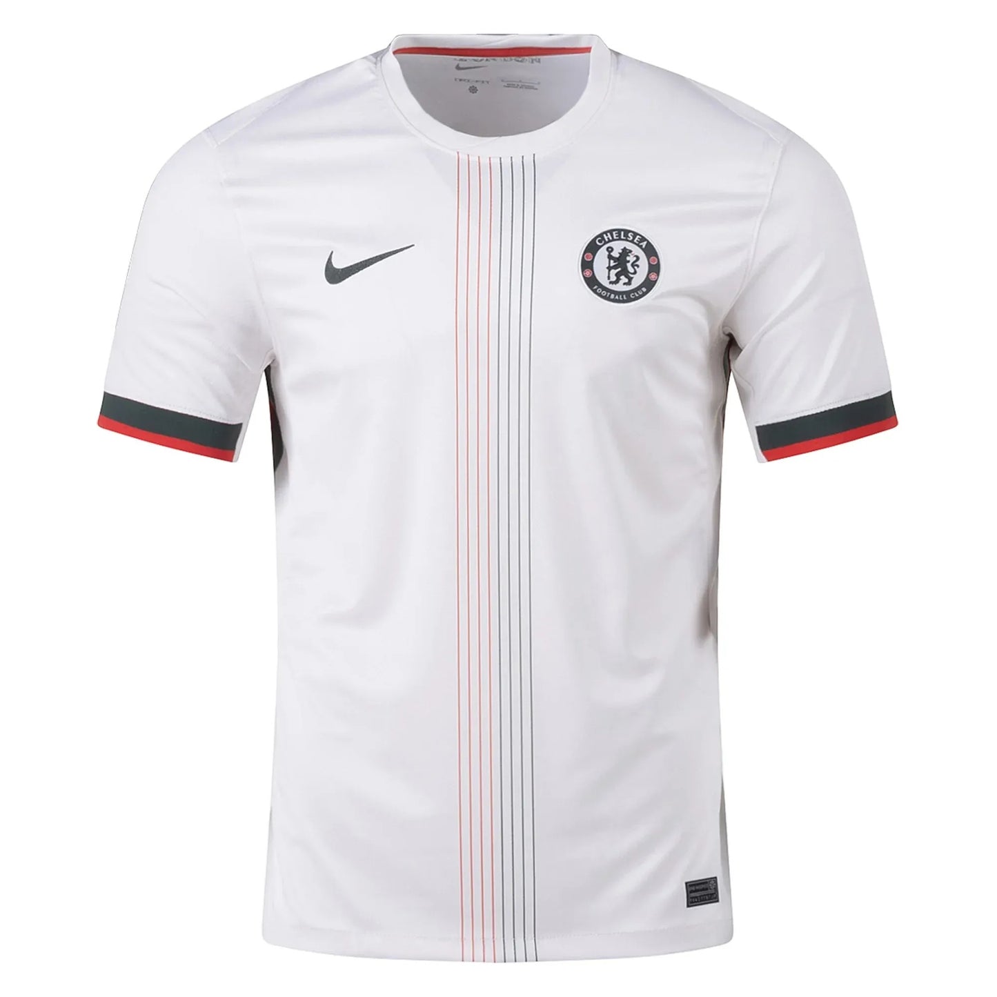 GOATkitz Chelsea 2025-26 adult away jersey in white with red and grey vertical stripes and black and red trim on sleeves.