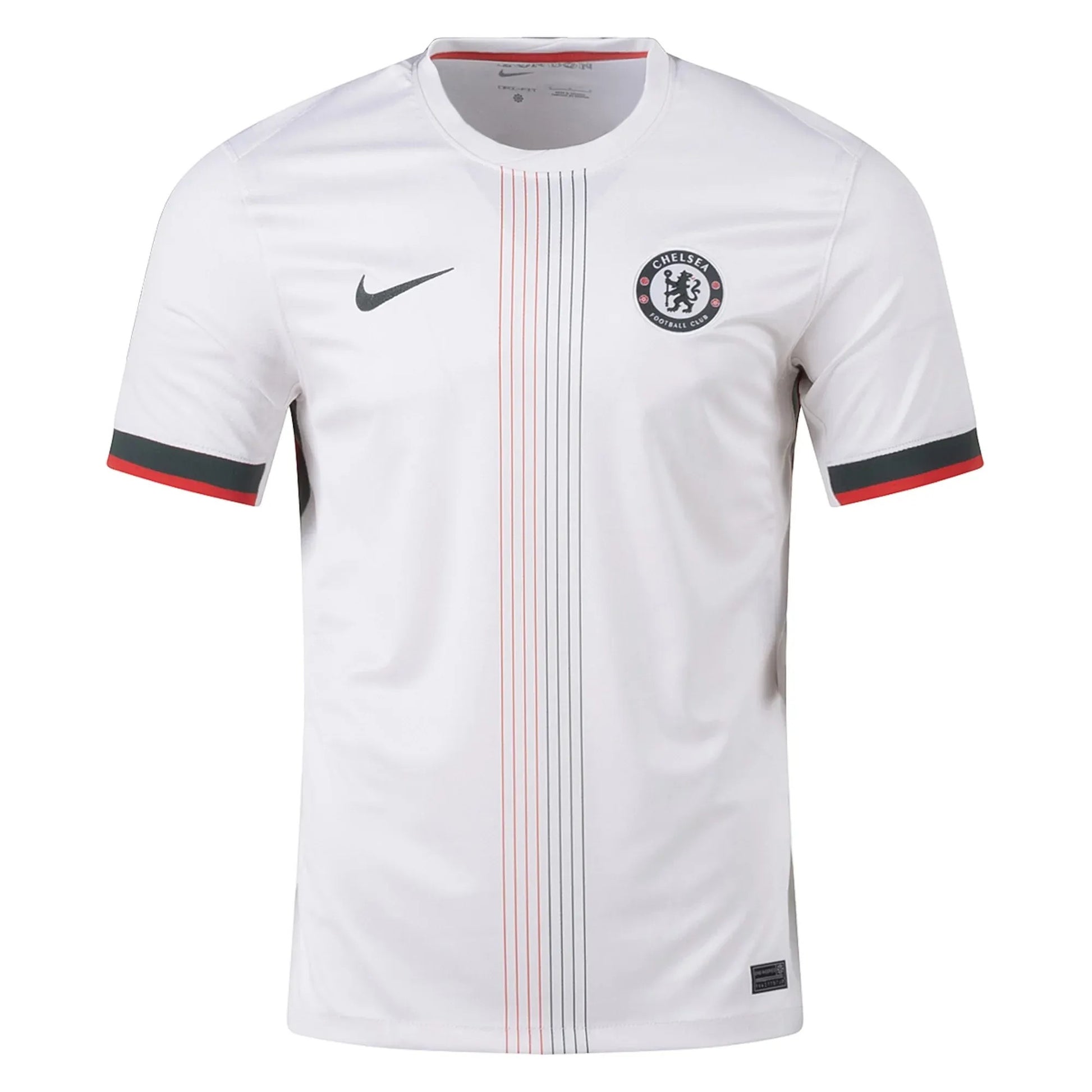 GOATkitz Chelsea 2025-26 adult away jersey in white with red and grey vertical stripes and black and red trim on sleeves.