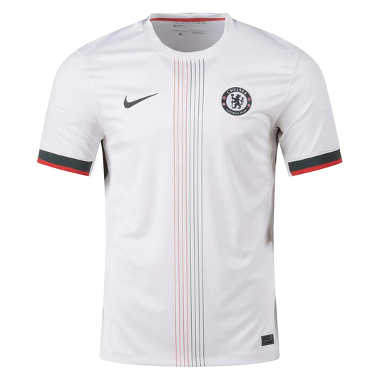 GOATkitz Chelsea 2025-26 adult away jersey in white with red and grey vertical stripes and black and red trim on sleeves.