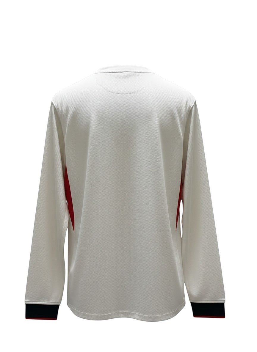 GOATkitz Chelsea 2025-26 adult away long sleeve jersey in white with red side panels and black/red cuffs. Customizable.