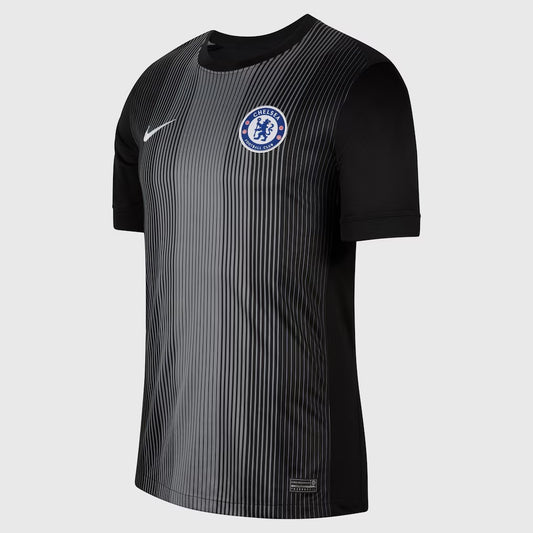 GOATkitz Chelsea 2025-26 black kids goalkeeper jersey with grey vertical stripe pattern and black sleeves.