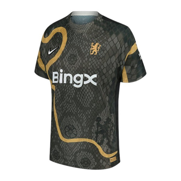 GOATkitz Chelsea 2025-26 gray special edition football jersey with snake pattern, gold accents, and BingX logo.