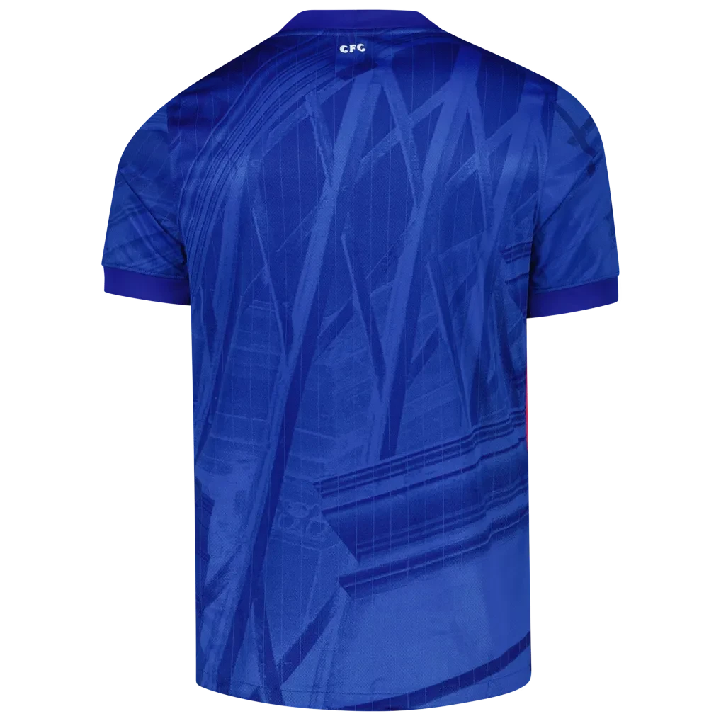 GOATkitz Chelsea 2025-26 adult home jersey, royal blue with abstract pattern and CFC logo on back collar.