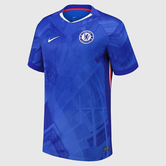 GOATkitz Chelsea 2025-26 adult home jersey in royal blue with white and red trim. Features a geometric pattern and the Chelsea FC crest.