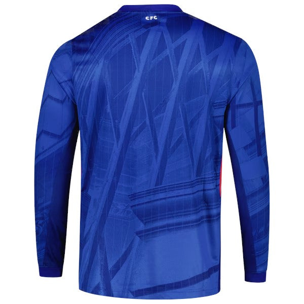 GOATkitz Chelsea 2025-26 adult home long sleeve jersey in royal blue with abstract graphic pattern. CFC logo on back collar.