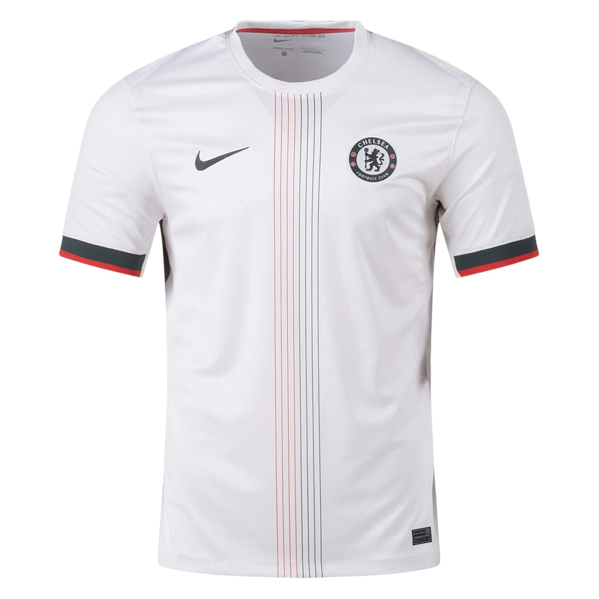 GOATkitz Chelsea 2025-26 kids away jersey, white with red and grey vertical stripes, black and red trim on sleeves.