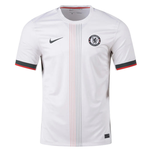 GOATkitz Chelsea 2025-26 kids away jersey, white with red and grey vertical stripes, black and red trim on sleeves.