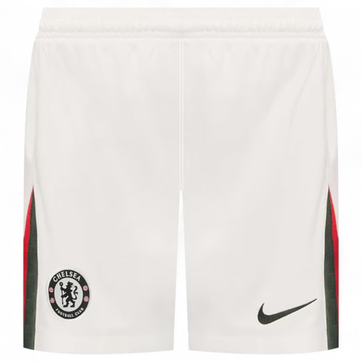 GOATkitz Chelsea 2025-26 kids away white football shorts with black Nike swoosh and side stripe detail.