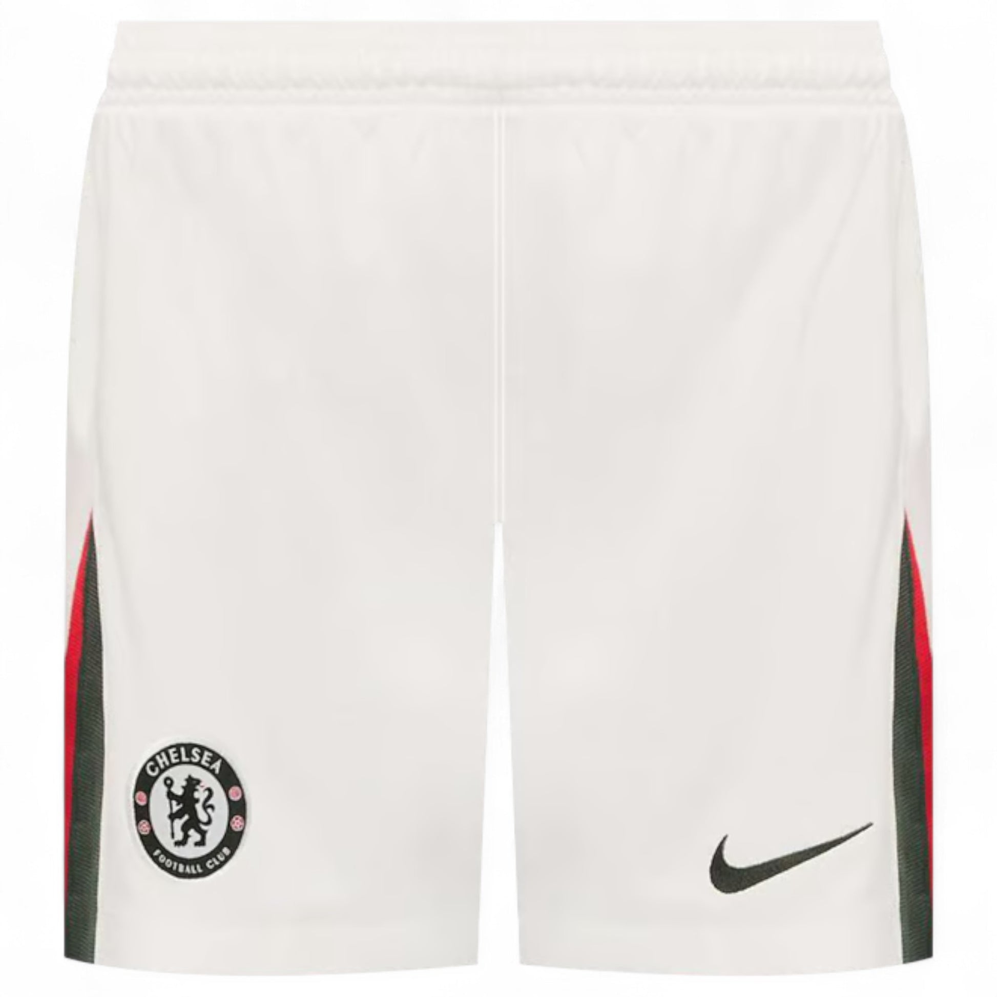 GOATkitz Chelsea 2025-26 kids away white football shorts with black Nike swoosh and side stripe detail.