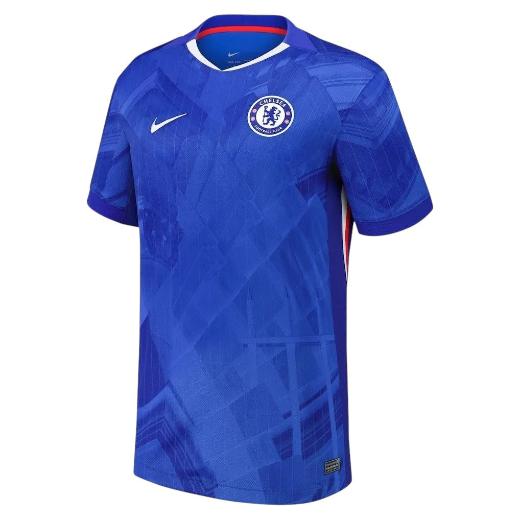 GOATkitz Chelsea 2025-26 kids home jersey in royal blue with white and red trim. Features a geometric pattern and Chelsea FC crest.