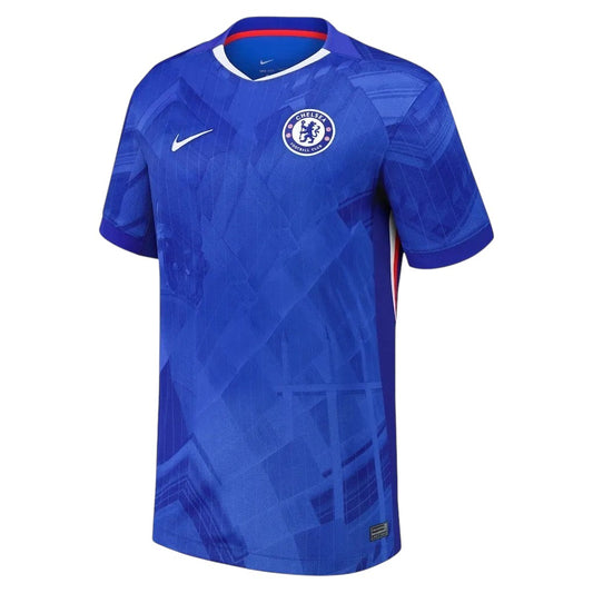 GOATkitz Chelsea 2025-26 kids home jersey in royal blue with white and red trim. Features a geometric pattern and Chelsea FC crest.