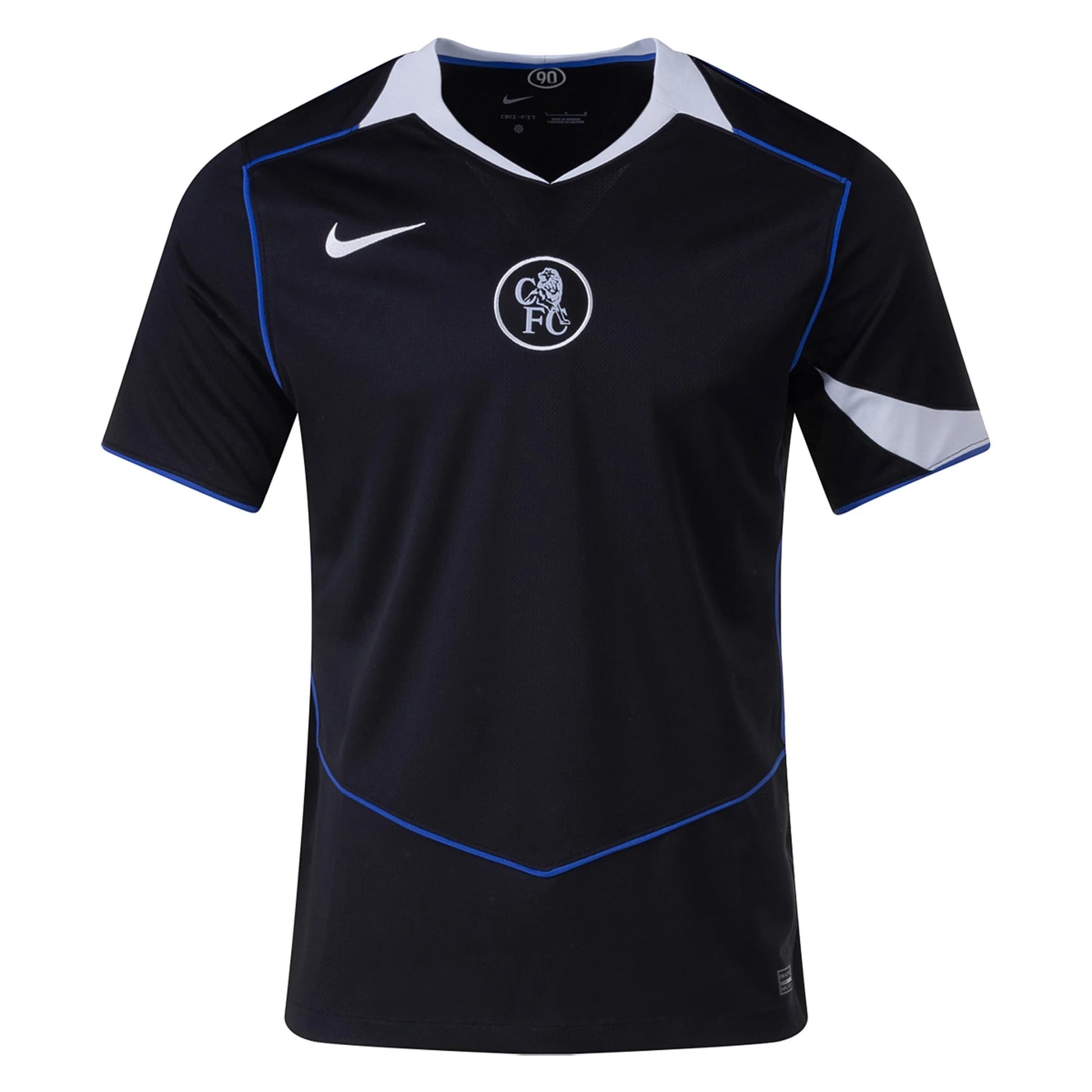 GOATkitz Chelsea 2025-26 kids third jersey, black with white and blue trim, Nike logo, CFC crest.