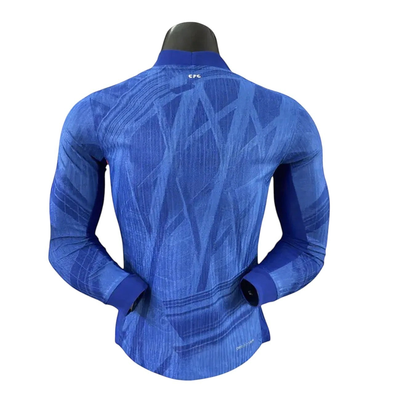 GOATkitz Chelsea 2025-26 player version long sleeve home jersey in blue with abstract pattern. Customizable.