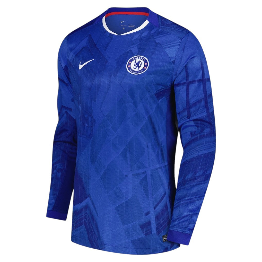 GOATkitz Chelsea 2025-26 adult home long sleeve jersey in blue with white trim and club crest. Features a geometric pattern.