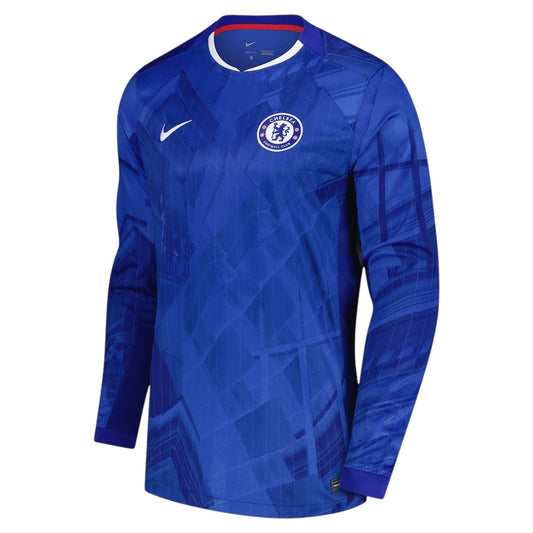 GOATkitz Chelsea 2025-26 adult home long sleeve jersey in blue with white trim and club crest. Features a geometric pattern.