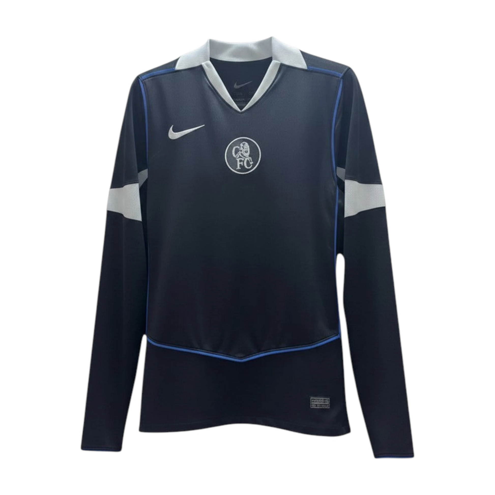 GOATkitz Chelsea 2025-26 adult third long sleeve jersey in navy blue with white collar and blue trim. Features Nike logo and Chelsea FC crest.