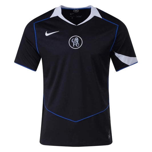 GOATkitz Chelsea 2025-26 adult third jersey in black with white and blue accents. Features Nike logo and Chelsea crest.