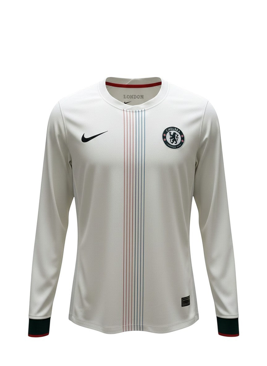 GOATkitz Chelsea 2025-26 white long sleeve adult away jersey with red, blue, and green vertical stripes and customizable options.