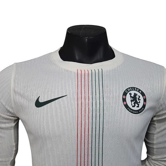 GOATkitz Chelsea 2025-26 white player version long sleeve football jersey with green Nike logo and red/green stripe detail.