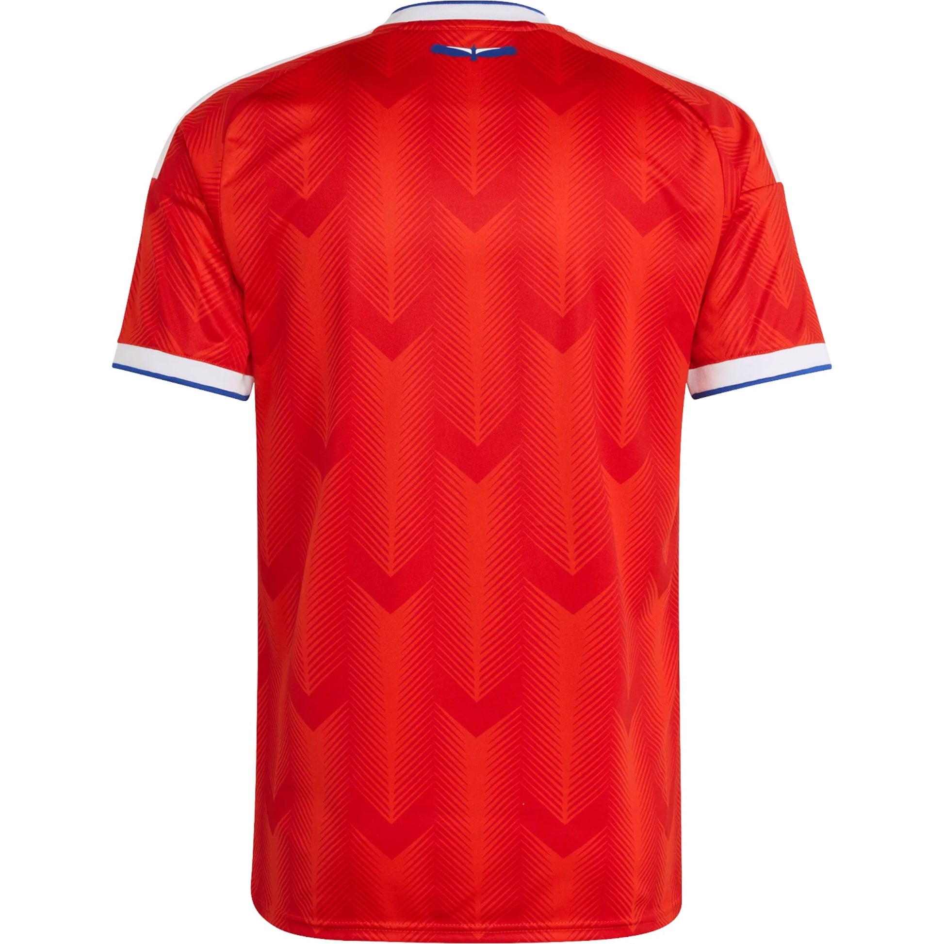 GOATkitz Chile 2026 Adult Home Jersey, red with white and blue trim, chevron pattern, short sleeves.