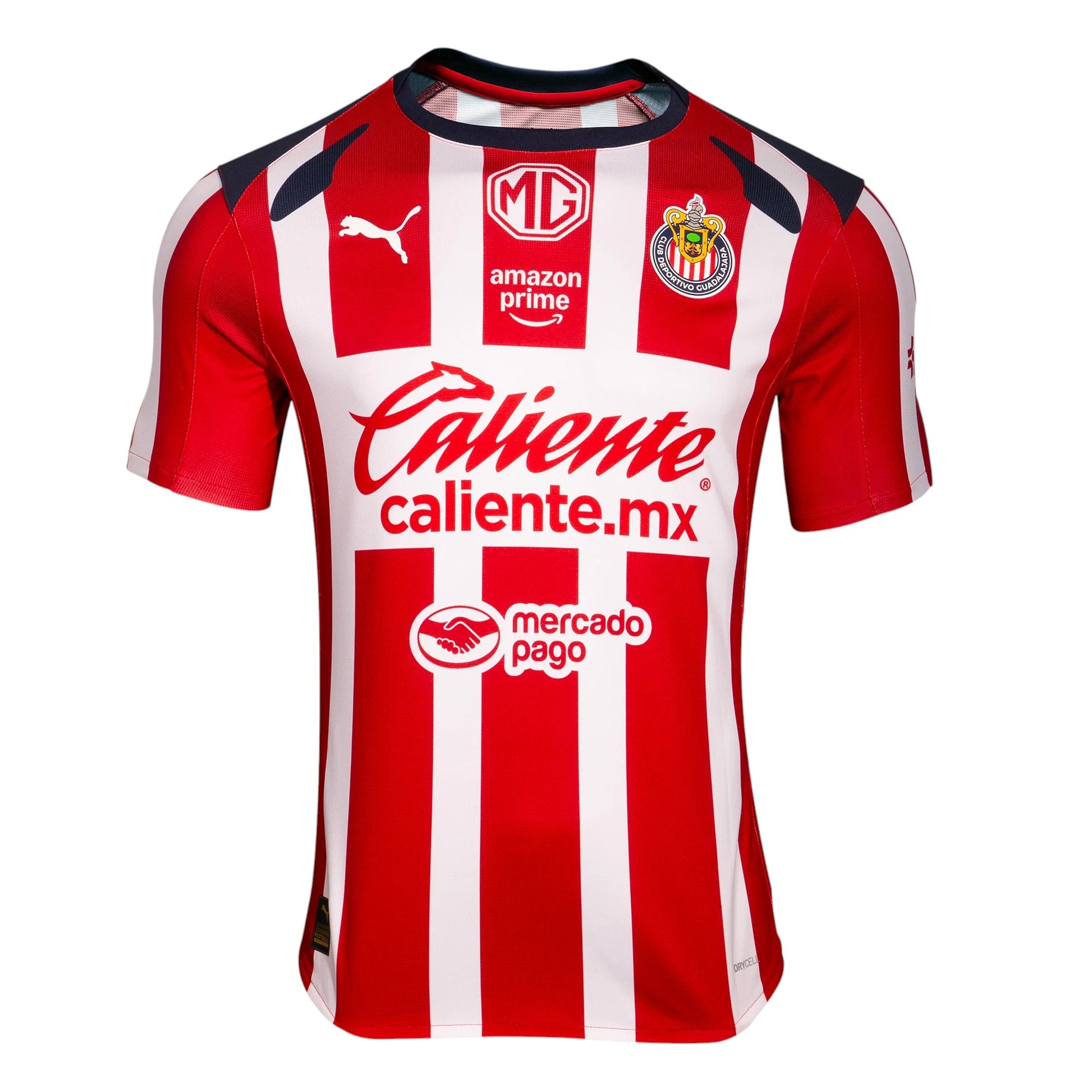 GOATkitz Chivas 2025-26 adult home soccer jersey, red and white vertical stripes, navy blue accents, customizable.