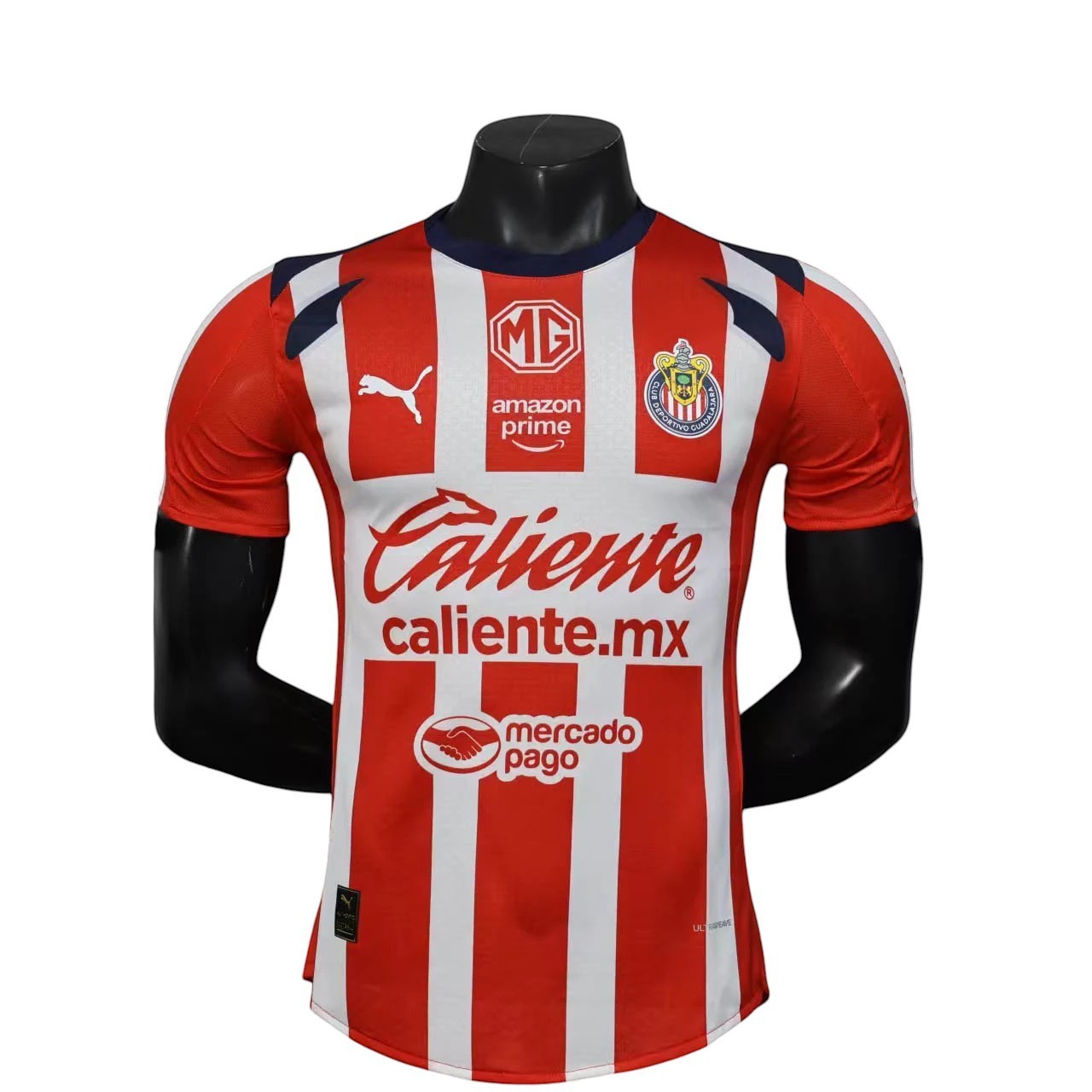 GOATkitz Chivas 2025-26 Player Version Home Jersey, red and white striped, with customizable name and number option.