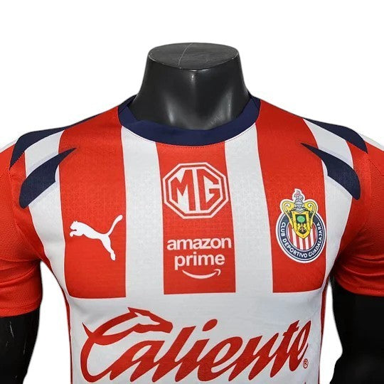 GOATkitz Chivas 2025-26 player version home jersey, red and white stripes, navy collar, customizable name and number.