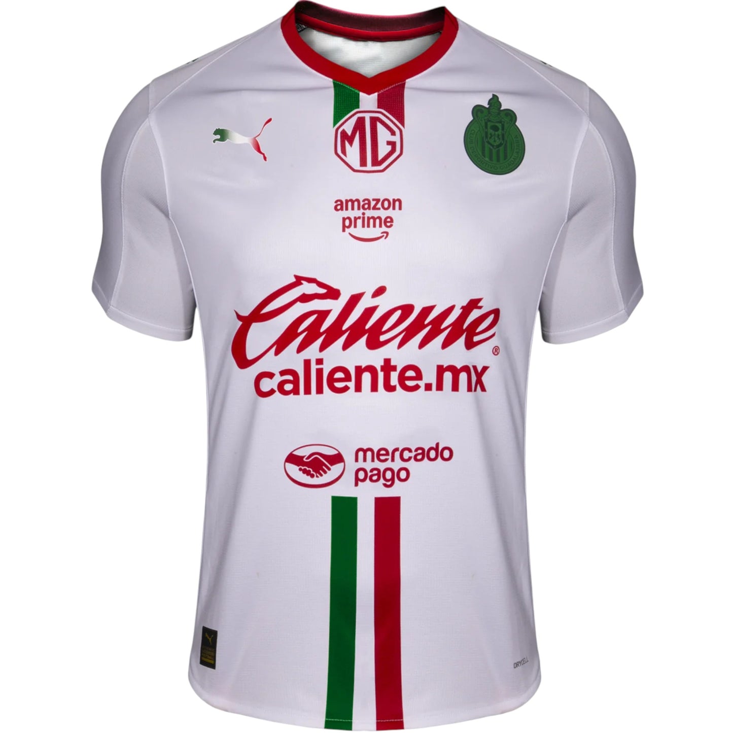 GOATkitz Chivas 2025-26 white adult away jersey with red and green accents. Features team crest, sponsor logos, and customizable options.