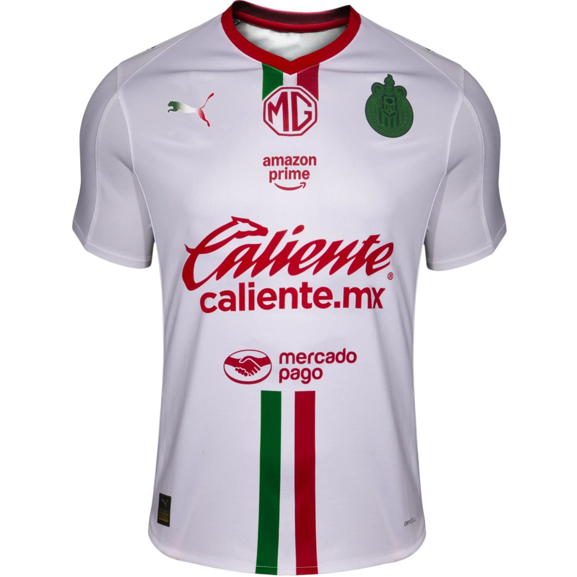GOATkitz Chivas 2025-26 white adult away jersey with red and green accents. Features team crest, sponsor logos, and customizable options.