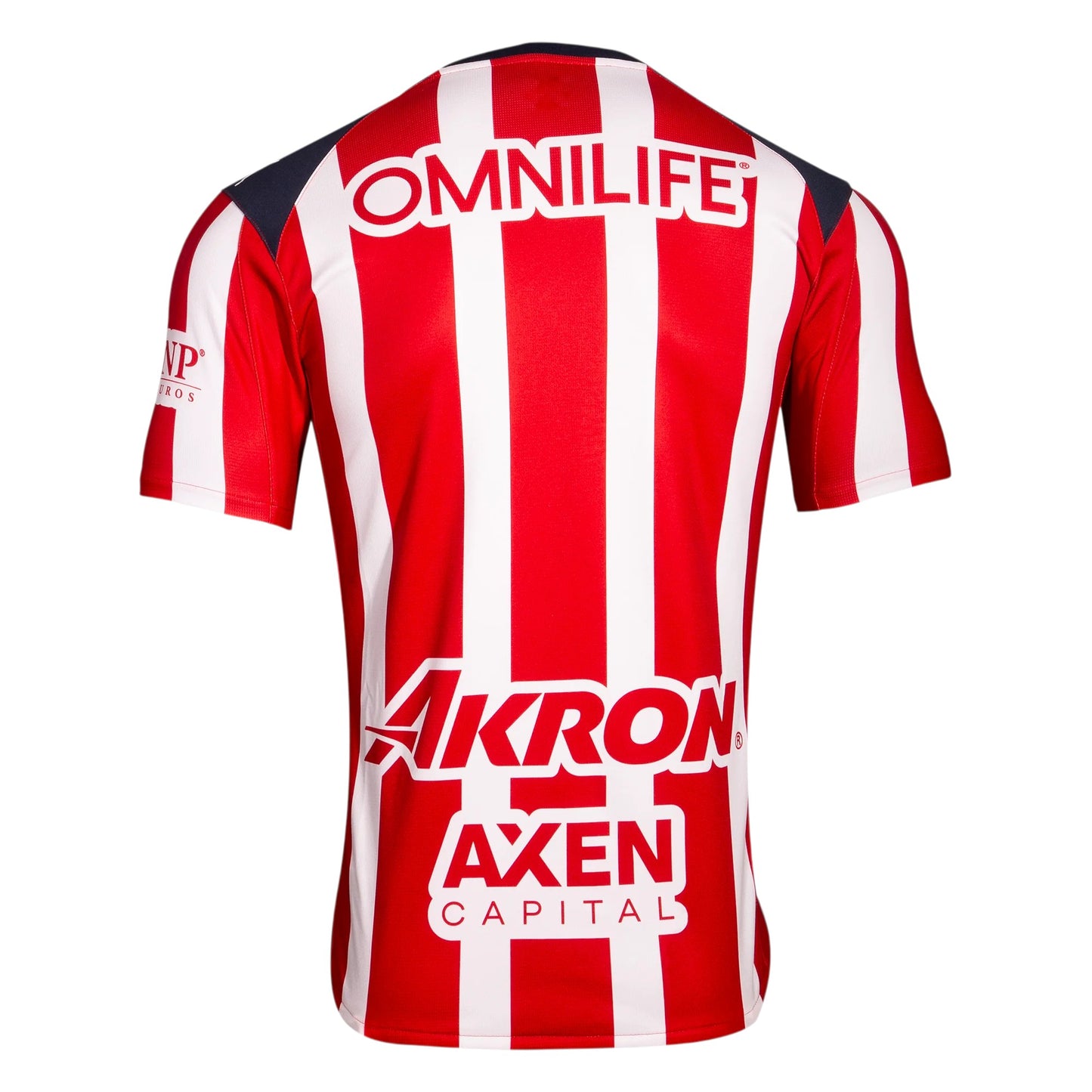 GOATkitz Chivas 2025-26 adult home jersey, red and white vertical stripes, navy blue accents, customizable.