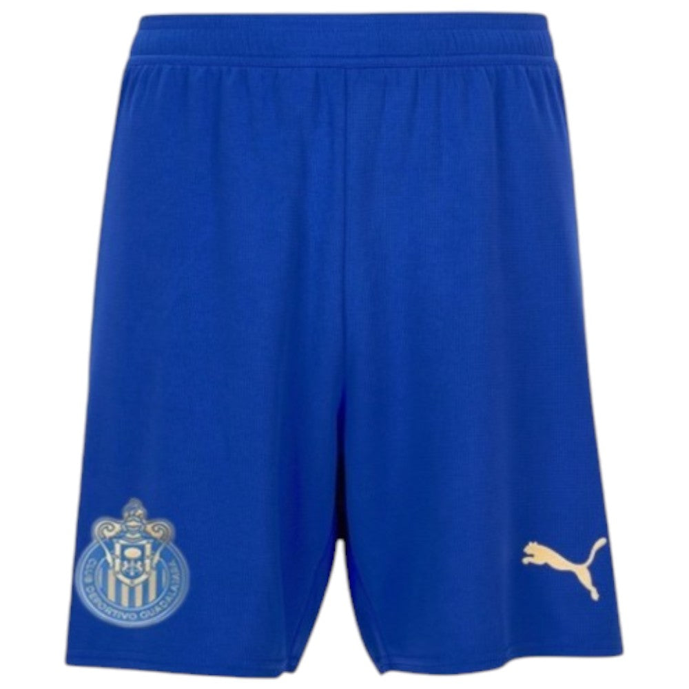 GOATkitz Chivas 2025-26 kids third soccer jersey and shorts set in royal blue with gold accents and pinstripe pattern.