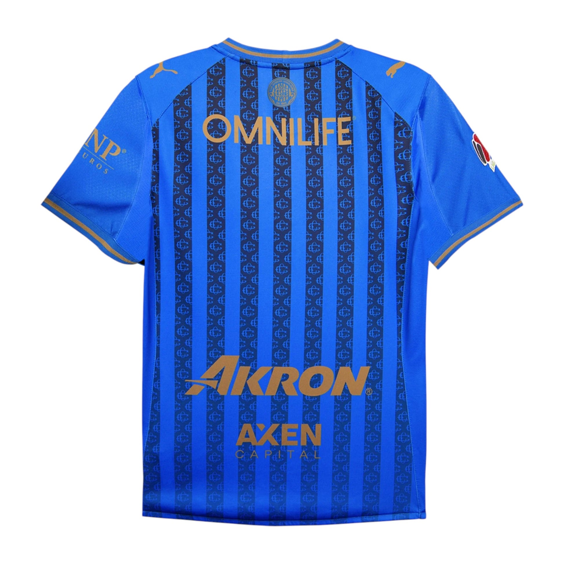 GOATkitz Chivas 2025-26 kids third jersey in blue with gold accents and vertical stripe pattern. Features OMNILIFE and AKRON logos.