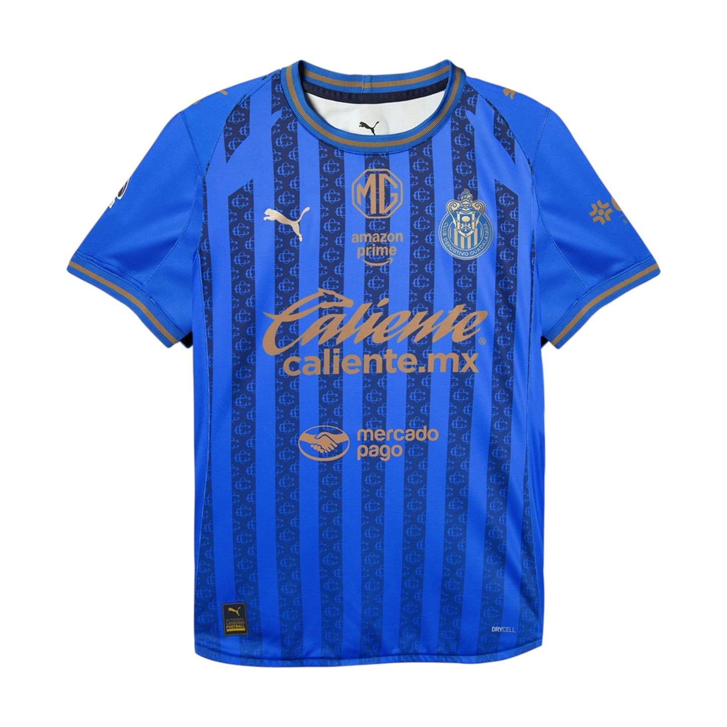 GOATkitz Chivas 2025-26 kids third jersey in royal blue with gold accents and vertical stripe pattern. Features Puma logo, team crest, and sponsor logos.