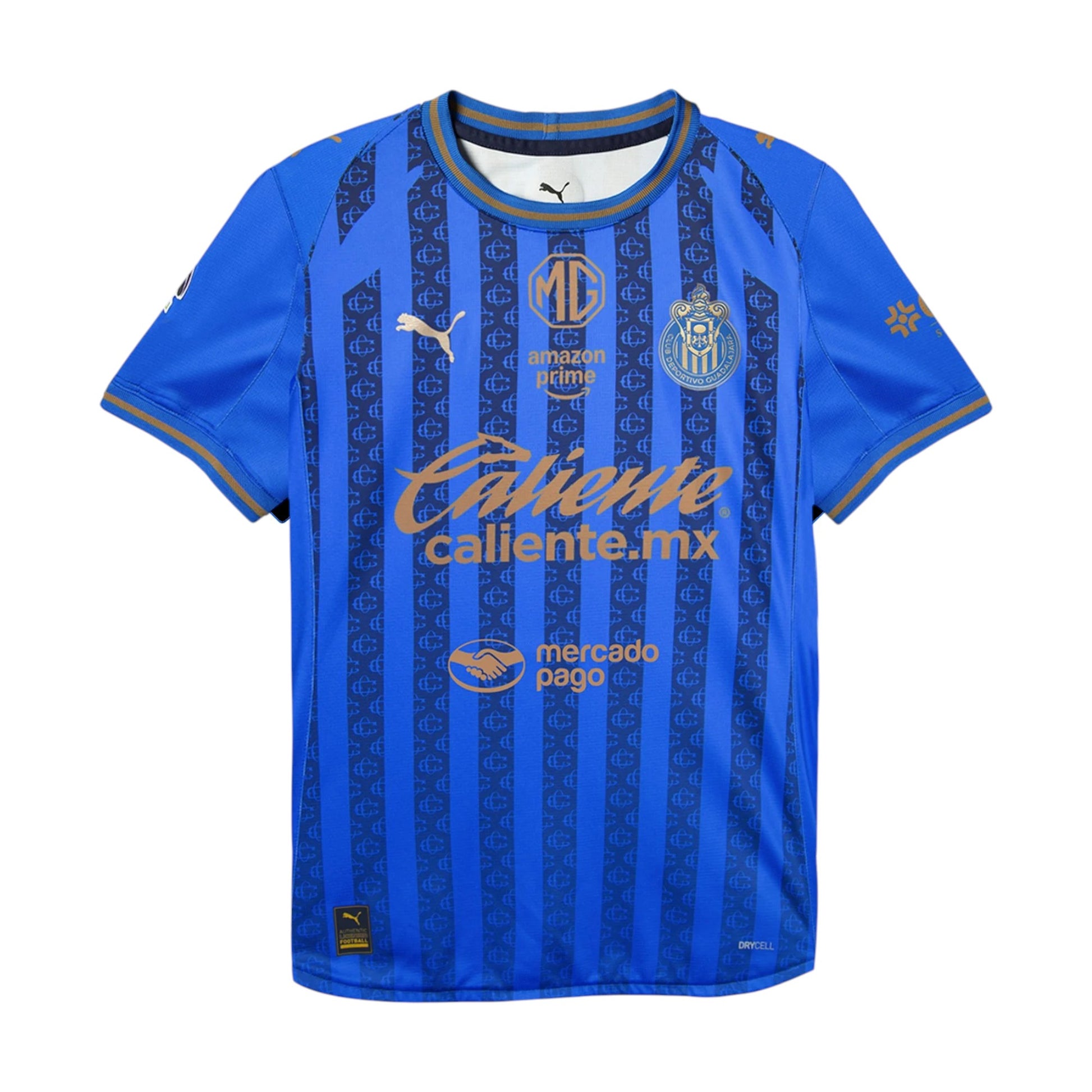 GOATkitz Chivas 2025-26 kids third jersey in royal blue with gold accents and vertical stripe pattern. Features Puma logo, team crest, and sponsor logos.