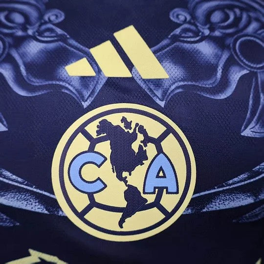 GOATkitz Club América 2025-26 long sleeve player version away jersey in navy blue with yellow accents. Customizable.