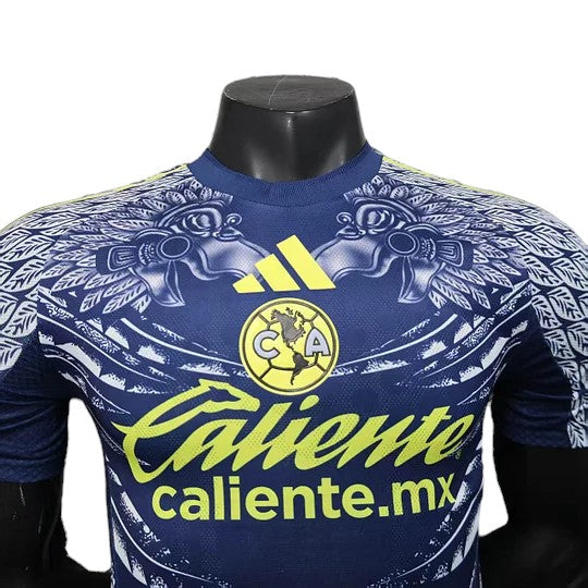 GOATkitz Club América 2025-26 long sleeve away jersey in navy blue with yellow accents and Aztec-inspired graphics.