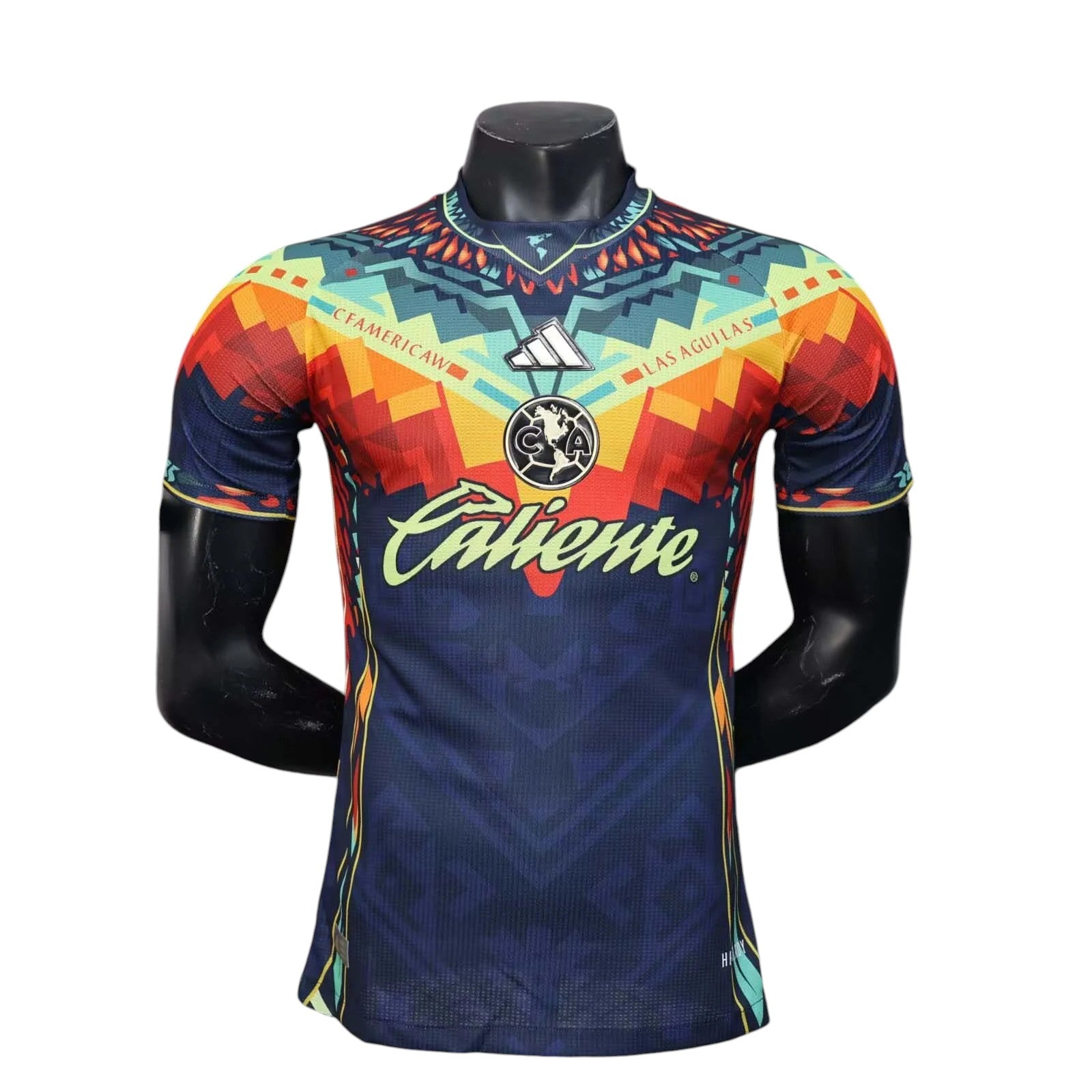 GOATkitz Club América 2025-26 dark blue player version jersey with vibrant geometric patterns and Caliente sponsor.