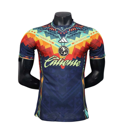 GOATkitz Club América 2025-26 dark blue player version jersey with vibrant geometric patterns and Caliente sponsor.