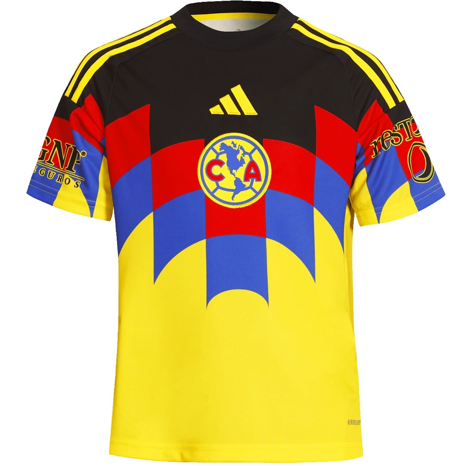GOATkitz Club América 2025-26 adult home jersey in yellow, black, red, and blue with checkered pattern and team crest.