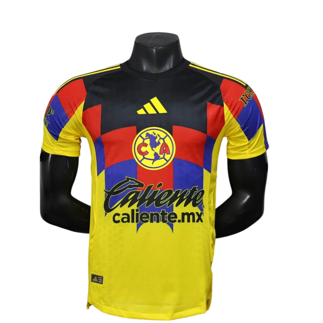 GOATkitz Club América 2025-26 player version home jersey in yellow, black, red, and blue with customizable name and number.