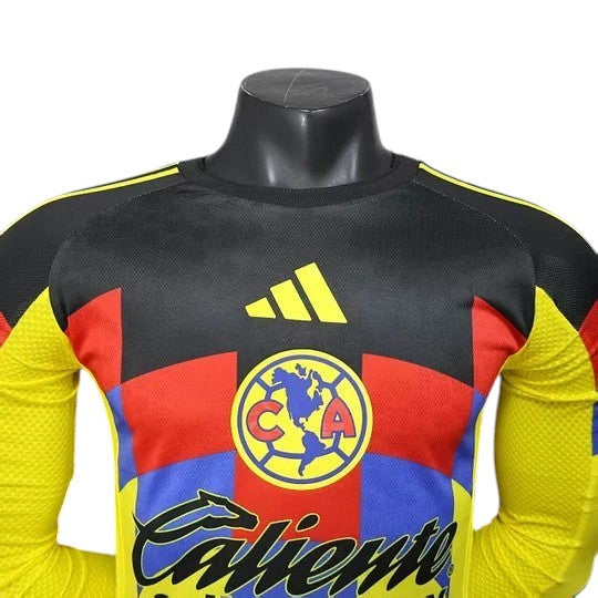 GOATkitz Club América 2025-26 long sleeve player version home jersey in black, yellow, red, and blue with team crest and sponsor logo.