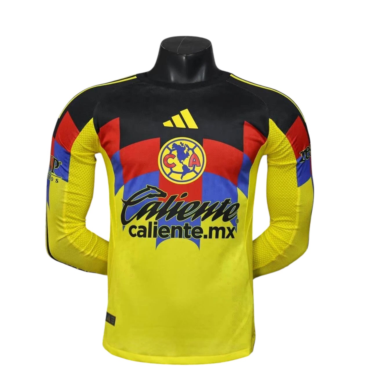 GOATkitz Club América 2025-26 long sleeve player version home jersey in yellow, black, red, and blue with customizable name and number.