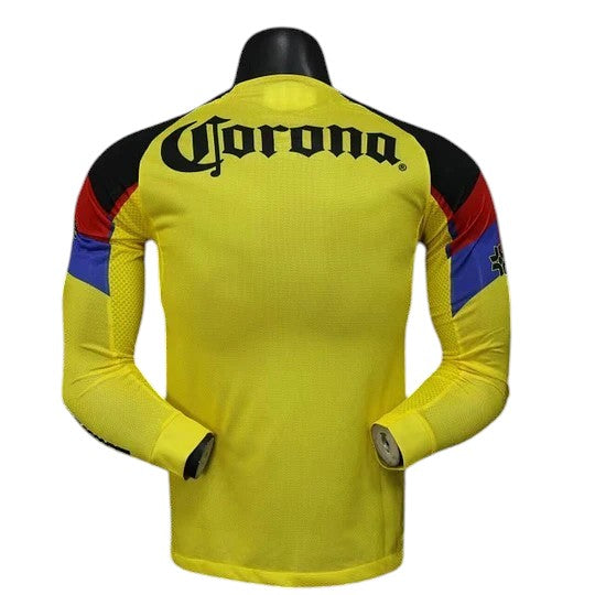 GOATkitz Club América 2025-26 long sleeve player version home jersey in yellow with black, red, and blue accents on the sleeves. Customizable.